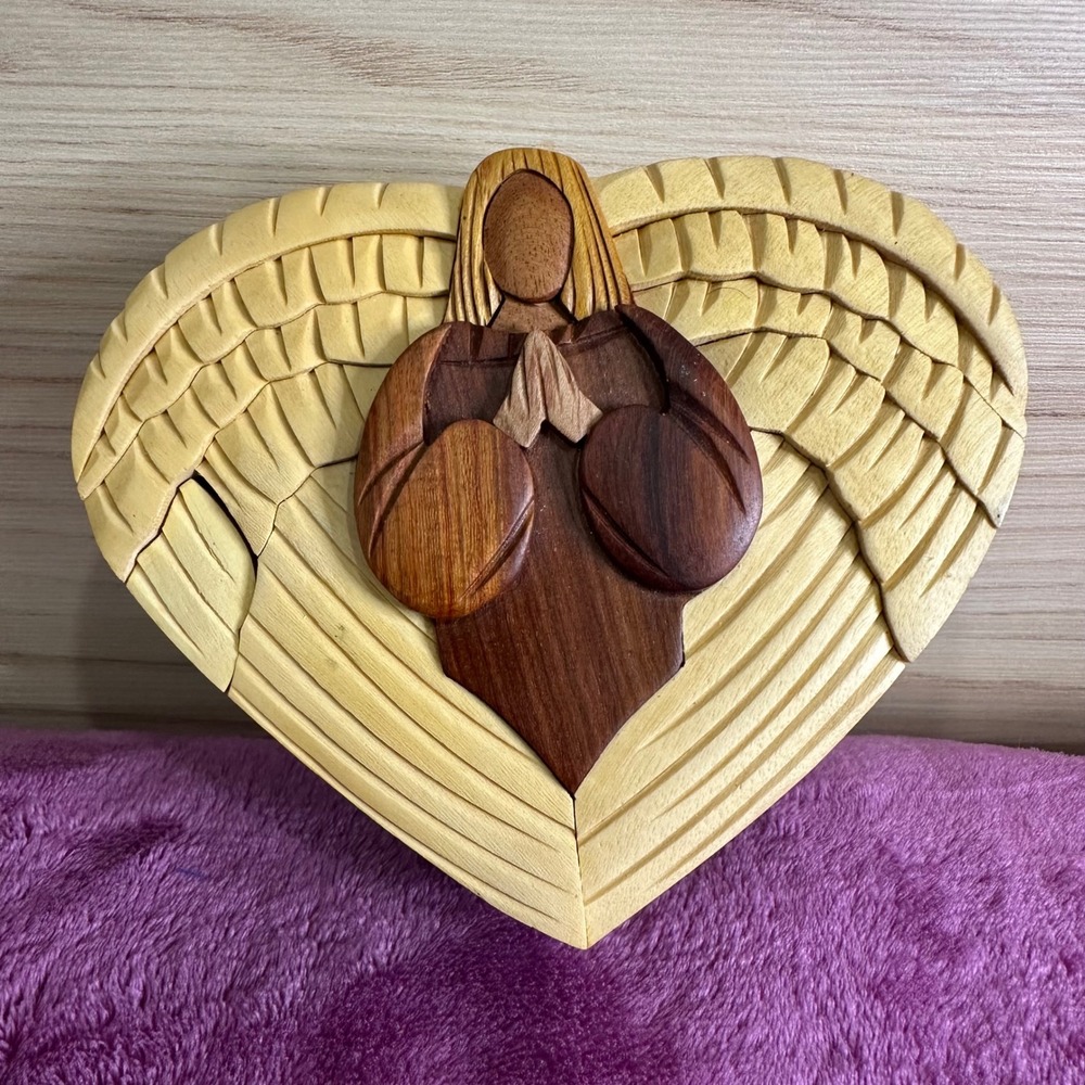 Handcrafted Wooden Heart Shaped Keepsake Box Angel Wings Praying Hands Jewelry